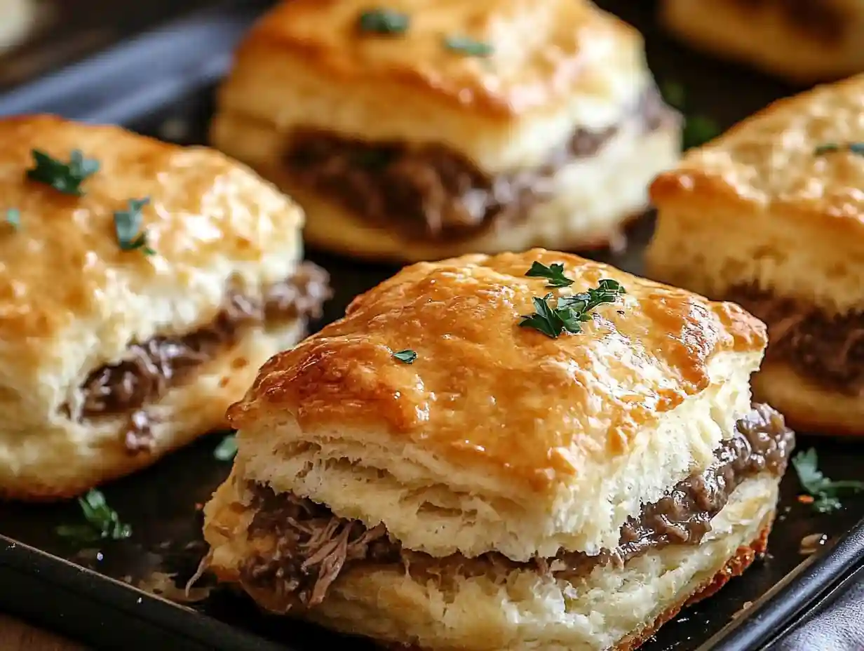Roast Beef & Provolone Stuffed Biscuits with Dipping Broth