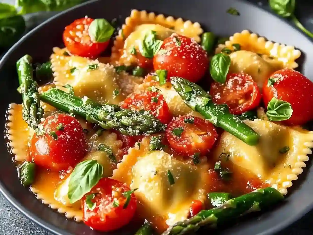 Ravioli with Tomatoes, Asparagus, Garlic, and Herbs