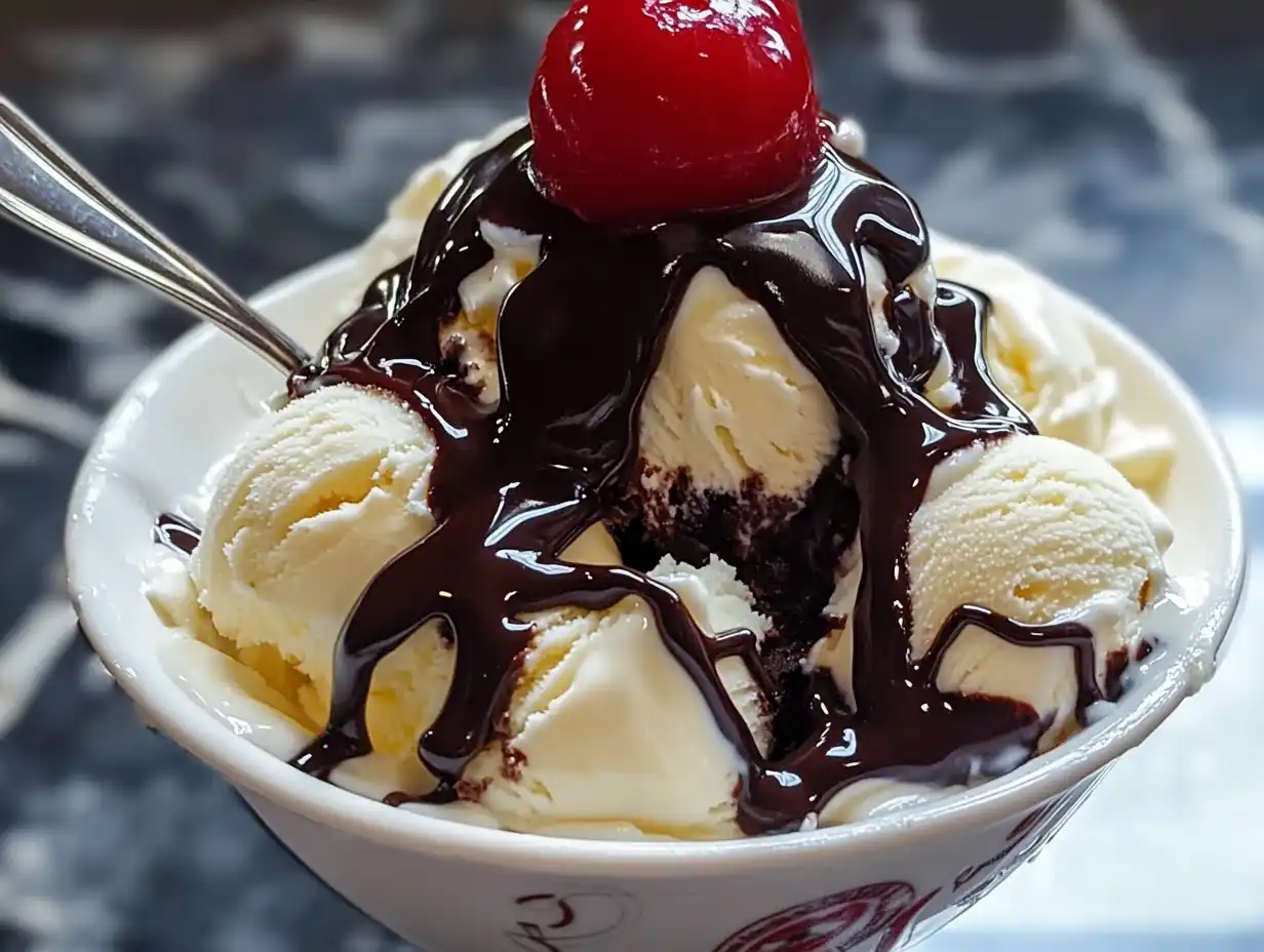 Vanilla Ice Cream Sundae with Rich Hot Fudge