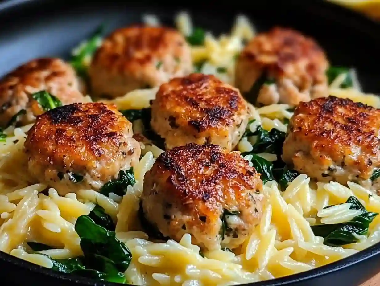 Lemony Chicken Ricotta Meatballs Over Garlic Spinach Orzo: A Bright, Comforting Dinner