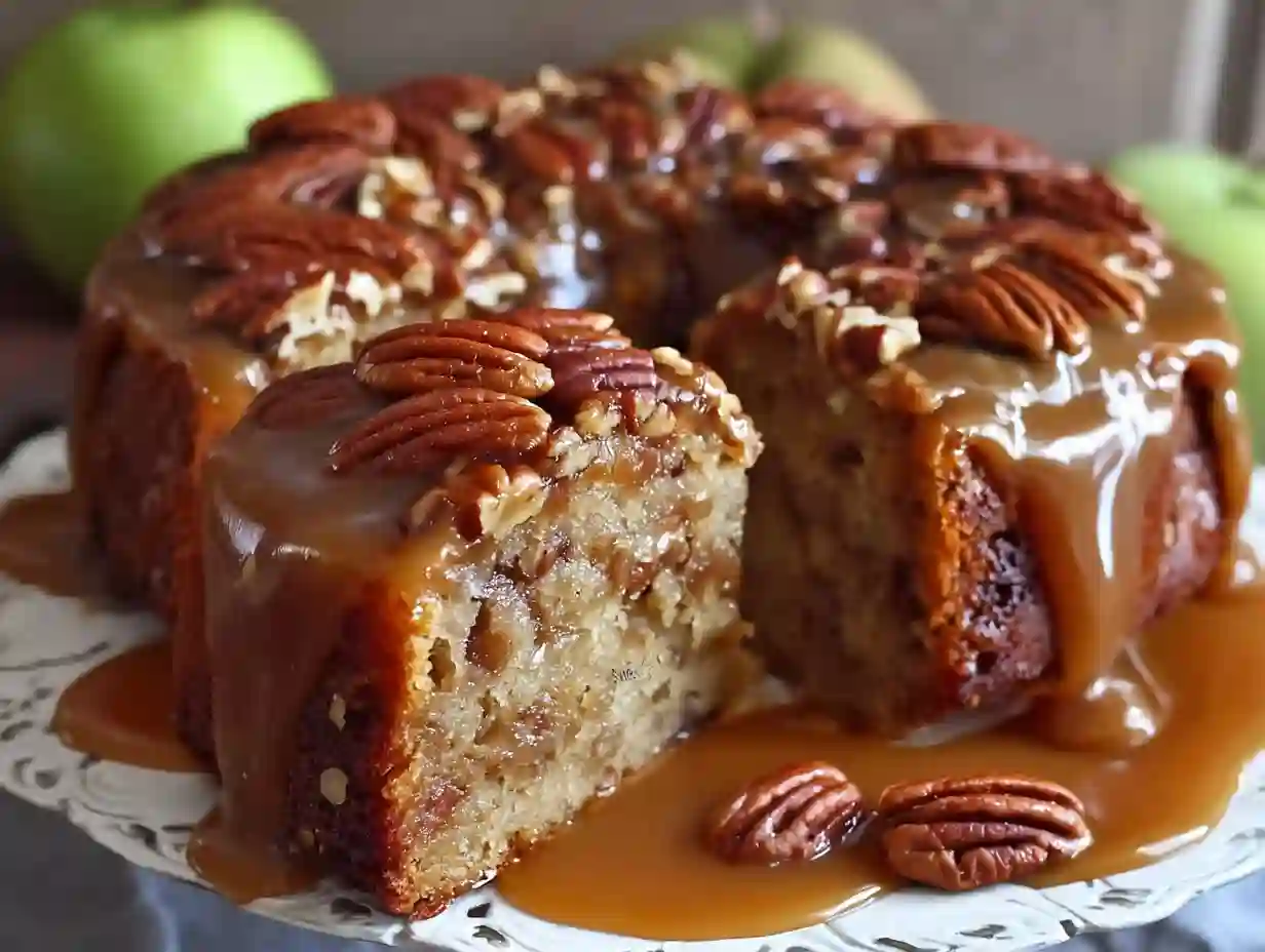 Apple Pecan Cake with Caramel Glaze – Sweet, Nutty, and Perfectly Cozy