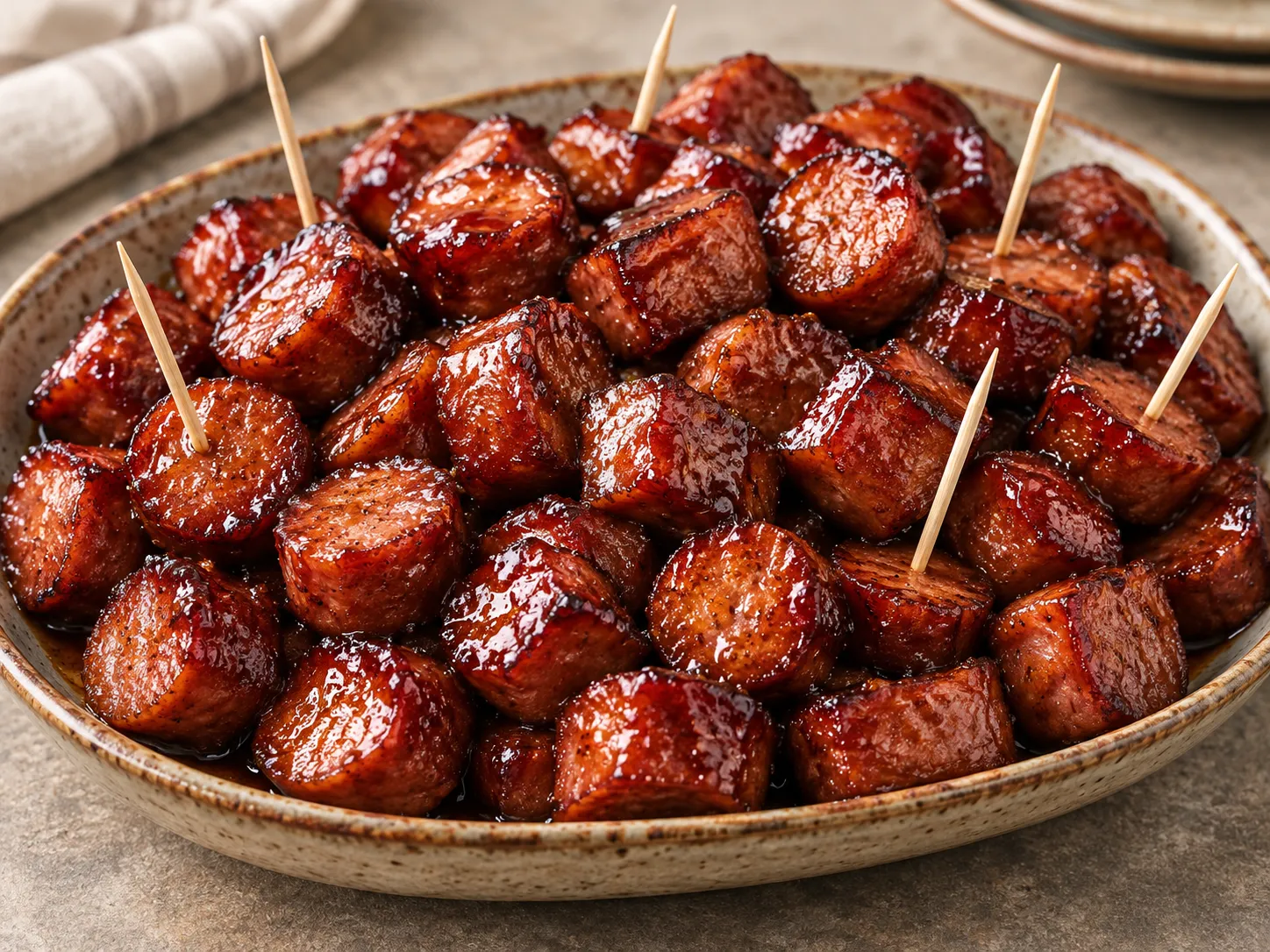 Sweet & Sticky Candied Beef Kielbasa Bites
